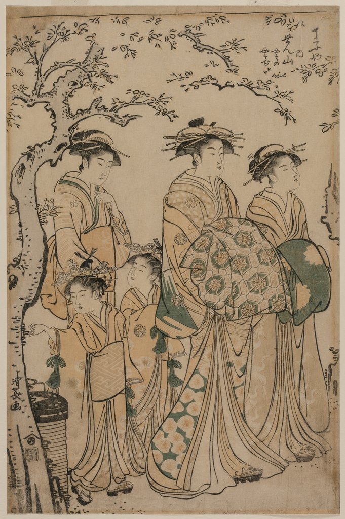 Detail of The Courtesan Senzan of Chojiya Strolling with her Kamuro Yasono and Yasoji and Two Shinzo, 1786 by Torii Kiyonaga
