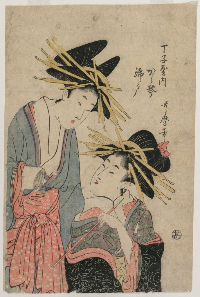 Detail of The Courtesans Karagoto and Nishikido of Chojiya, late 1800s by Utamaro II