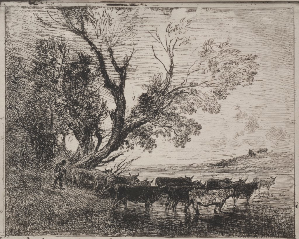 Detail of The Ford, original impression 1862, printed in 1921 by Charles François Daubigny