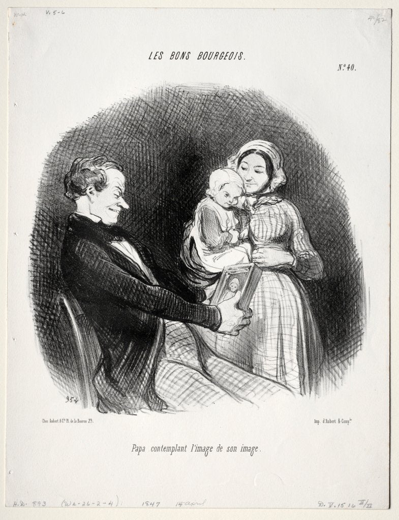Detail of The Good Bourgeois, plate 40: Papa contemplates a likeness of his likeness, 1847 by Honoré Daumier