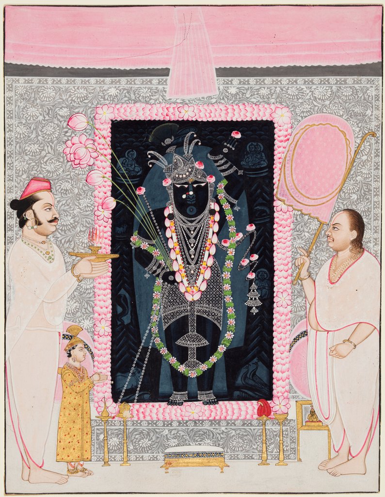 Detail of The head priest Govardhanlalji makes offerings to Shri Nathji in celebration…, c. 1890 by Ghasiram Hardev Sharma (attributed to)