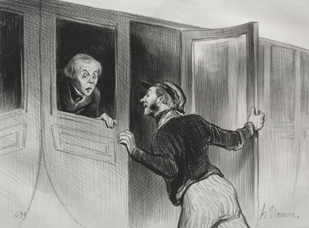 Detail of The Railroads, plate 11: The Hazard of Sleeping on a Journey, 1843 by Honoré Daumier; Aubert