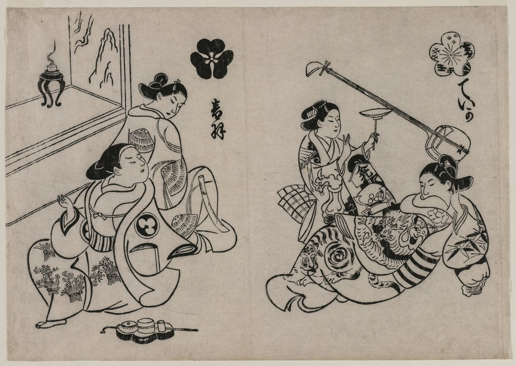 Detail of Three Courtesans with a Client by Okumura Masanobu