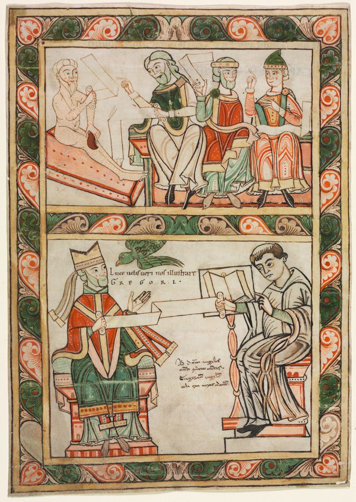 Detail of Title Page of St. Gregory's 'Moralia': Job Visited by His Three Friends…, c. 1143-1178 by Abbot Frowin (probably)