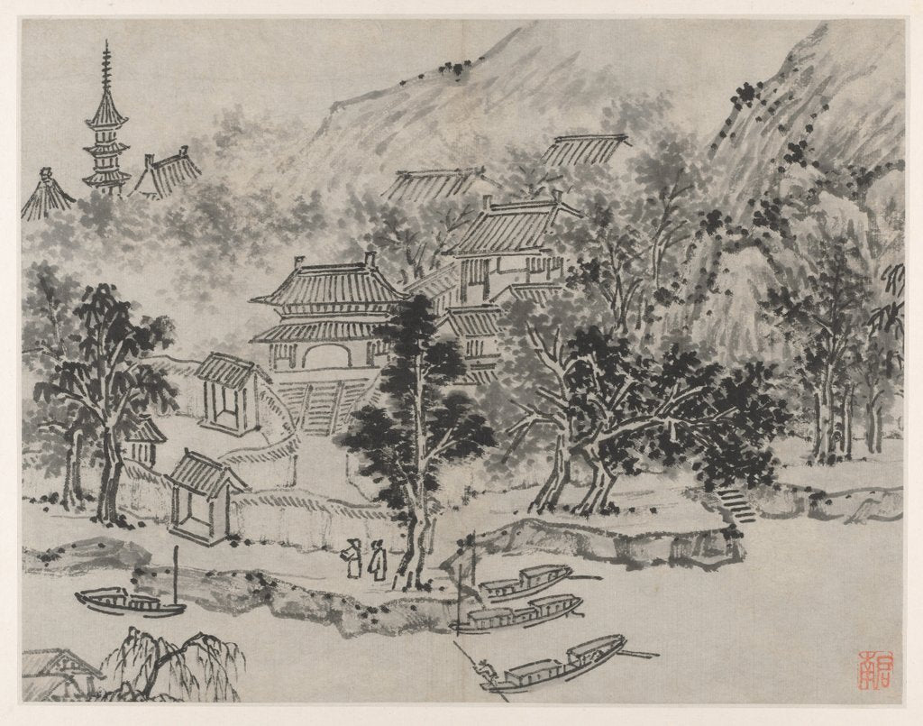 Detail of Twelve Views of Tiger Hill, Suzhou: Distant View of Tiger Hill from the Canal Mooring, after 1490 by Shen Zhou