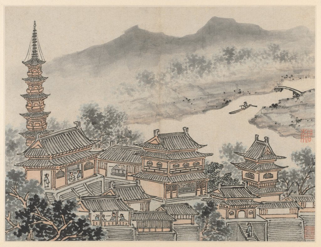 Detail of Twelve Views of Tiger Hill, Suzhou: The Thousand Buddha Hall and the Pagoda?, after 1490 by Shen Zhou