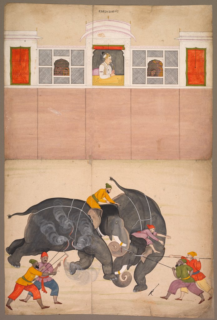 Detail of Two Elephants Fighting in a Courtyard Before Muhammad Shah, c. 1730-40 by Nainsukh (attributed to)