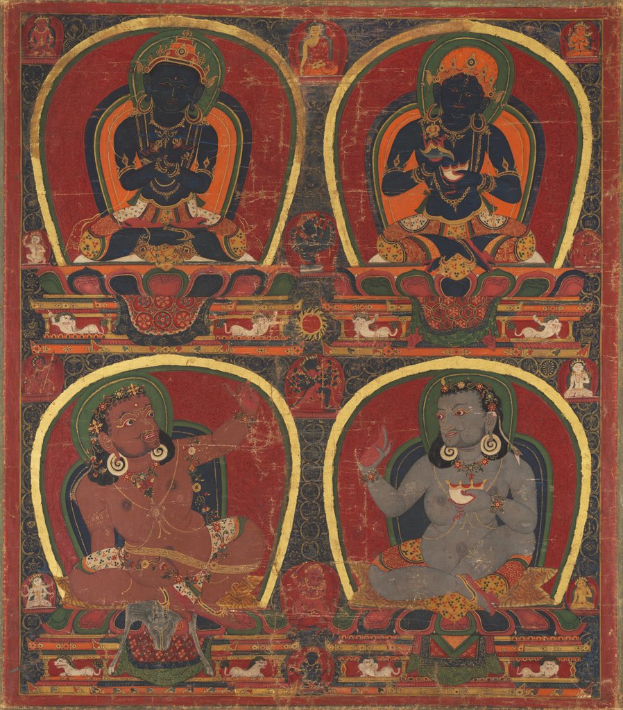 Detail of Vajradhara, Nairatmya, and Mahasiddhas Virupa and Kanha, c. 1450 by Unknown
