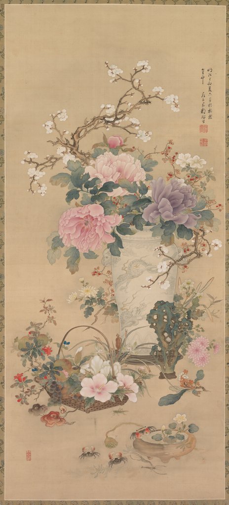 Detail of Vase of Flowers with Grasshopper, Marine Life, and Garden Rock, late 1800s by Okabe Ko