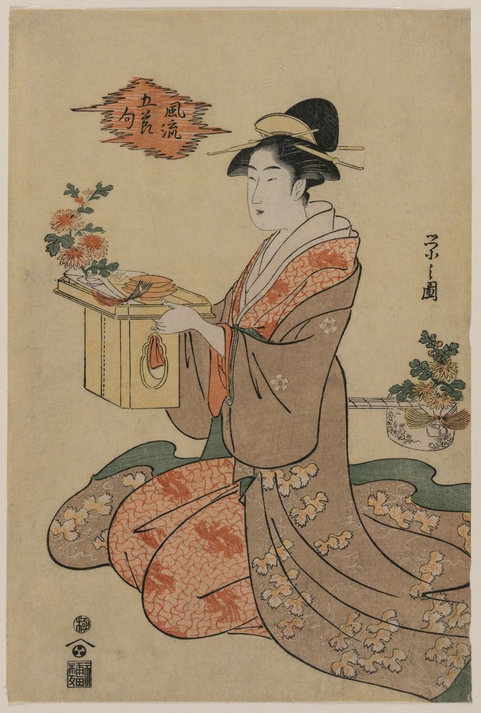 Detail of Woman Holding a Wooden Cup Stand Decorated with Chrysanthemums…, mid 1790s by Ch?bunsai Eishi