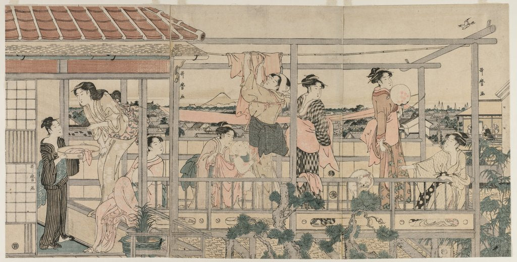 Detail of Women Hanging Laundry to Dry on a Balcony, early 1790s by Kitagawa Utamaro