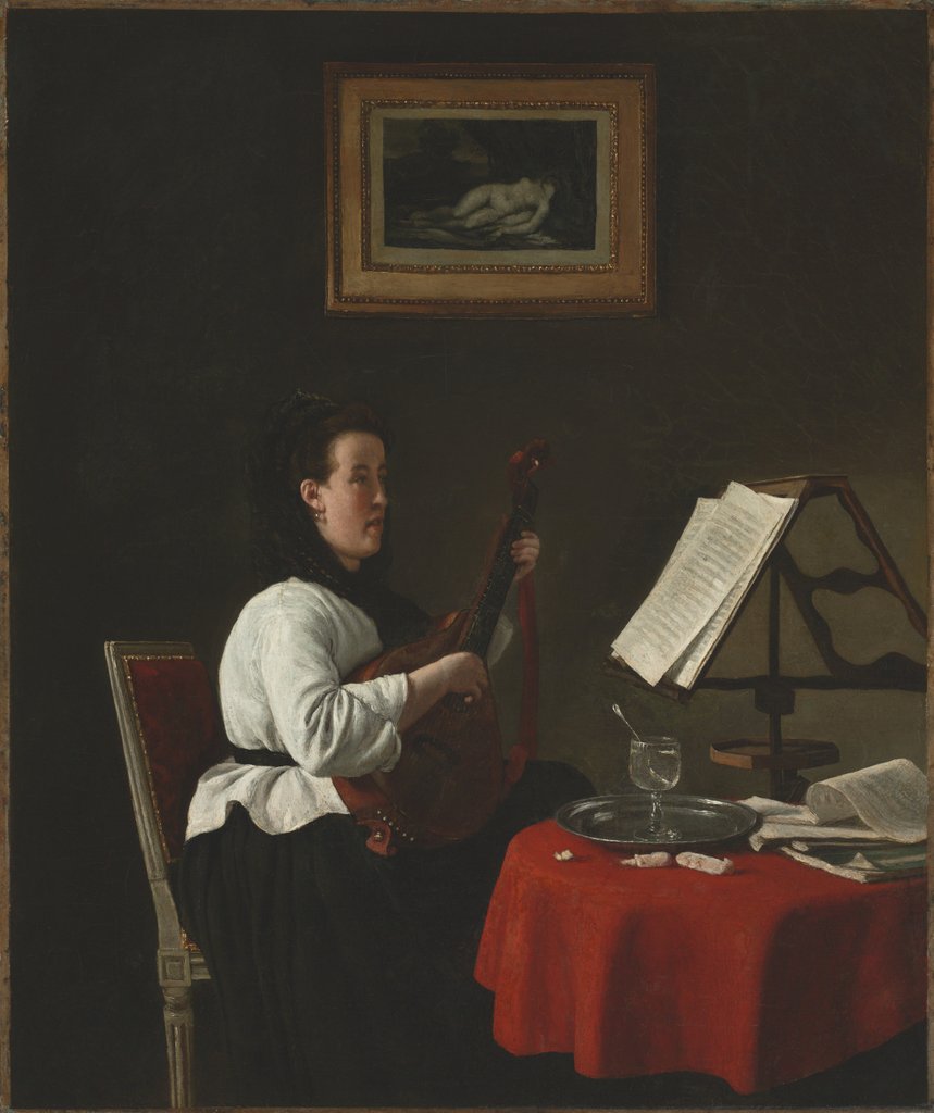 Detail of Young Woman with a Mandolin, Portrait of Louison Köhler, c. 1873-1874 by François Bonvin