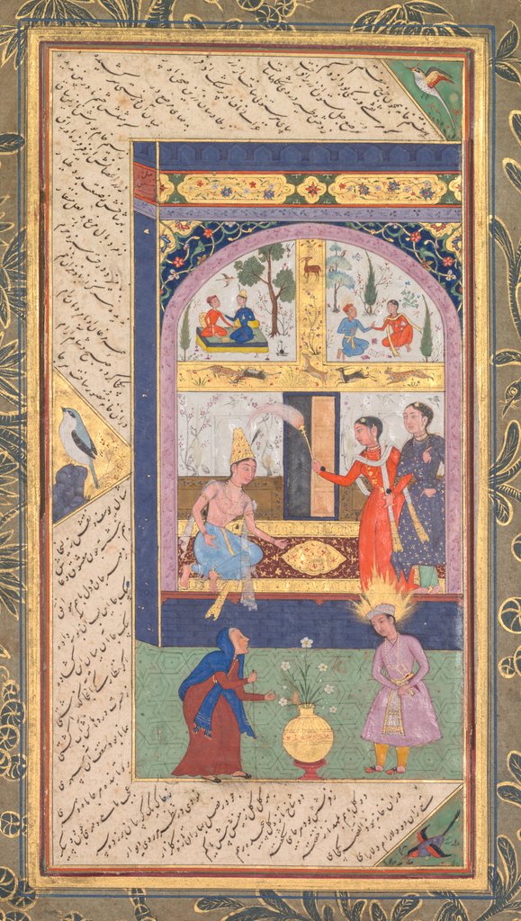 Detail of Zulaykha in her palace and as an old woman with Joseph, from a Panj Ganj…, 1603-1 by Mushfiq; others