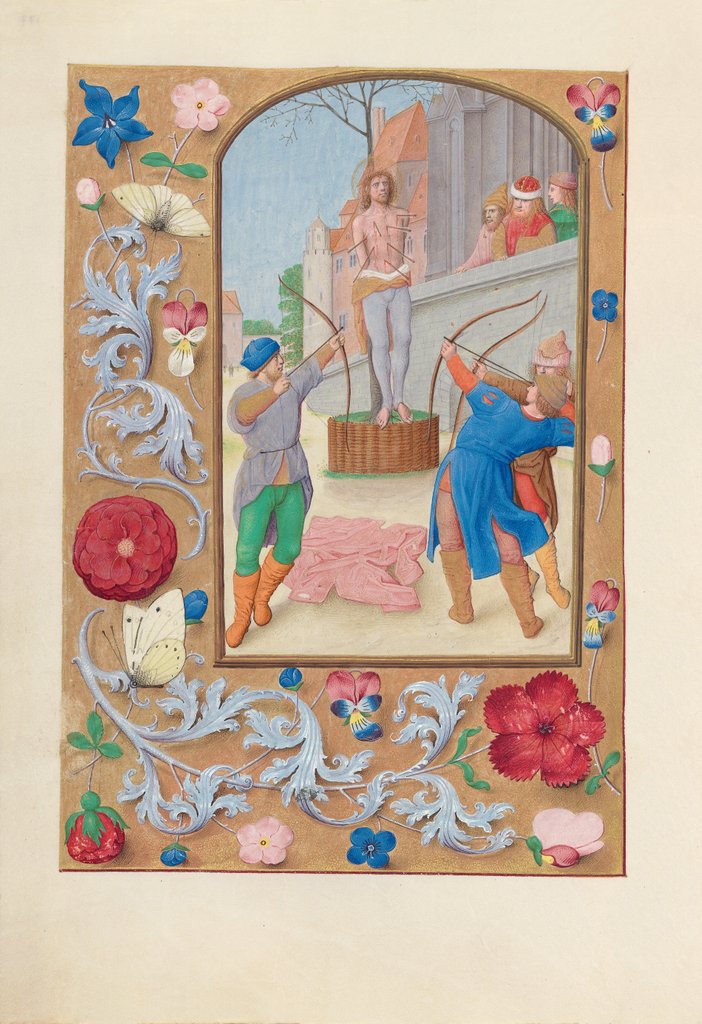 Detail of Hours of Queen Isabella the Catholic, Queen of Spain: Fol. 177v, St. Sebastian, c. 1500 by Master of the First Prayerbook of Maximillian