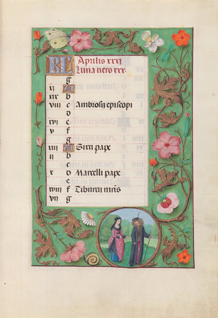 Detail of Hours of Queen Isabella the Catholic, Queen of Spain: Fol. 5r, April - Squire and Damsel, c. 1500 by Master of the First Prayerbook of Maximillian