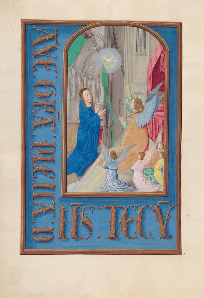 Detail of Hours of Queen Isabella the Catholic, Queen of Spain: Fol. 97v, Annunciation, c. 1500 by Master of the First Prayerbook of Maximillian