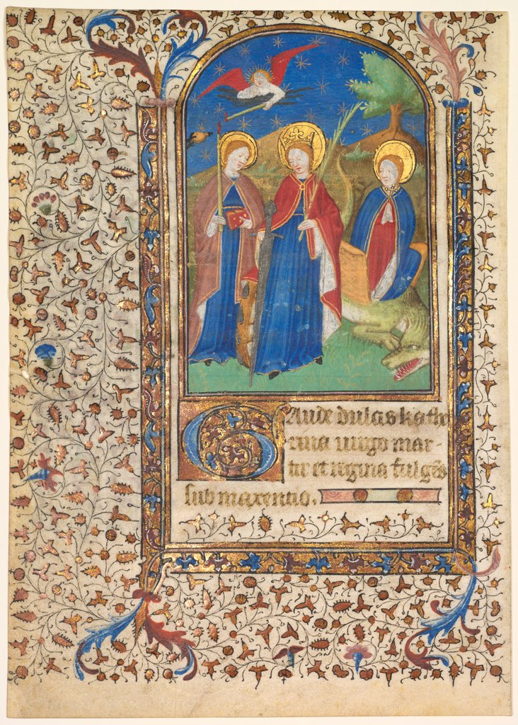 Detail of Leaf from a Book of Hours: Sts. Geneviève, Catherine of Alexandria, and Margaret, c. 1415 by Boucicaut Master