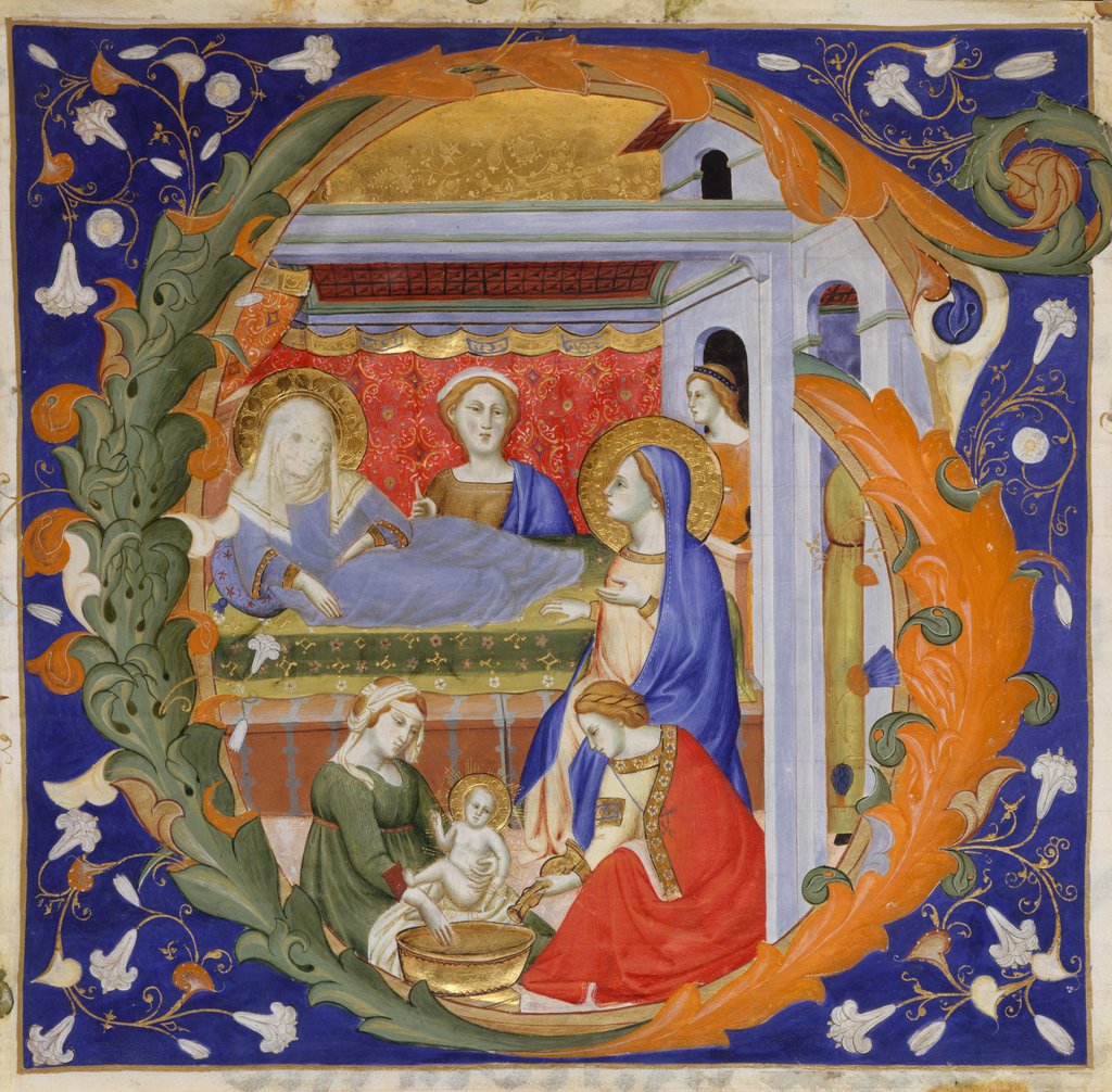 Detail of Manuscript Illumination with the Birth of the Virgin in an Initial G, from a Gradual, ca. 1375 by Silvestro dei Gherarducci