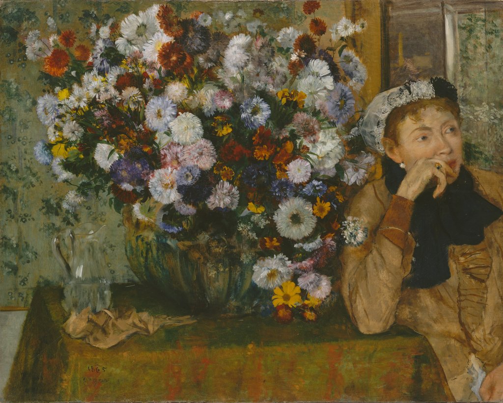 Detail of A Woman Seated beside a Vase of Flowers, 1865 by Edgar Degas