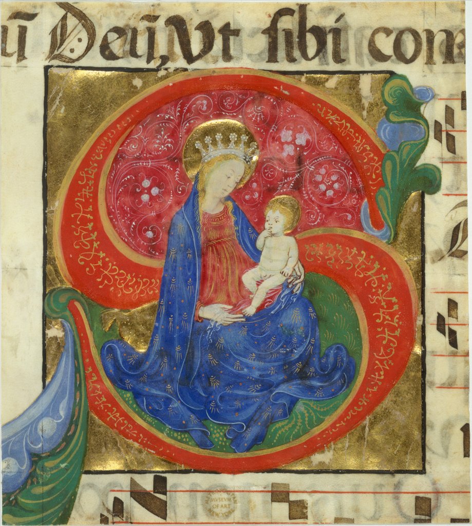 Detail of Manuscript Illumination with the Virgin and Child in an Initial S…, mid-15th century by Master of the Franciscan Breviary