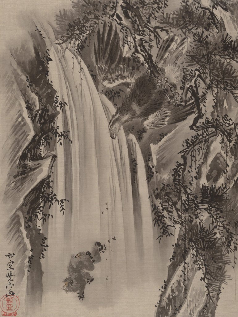 Detail of Waterfall, Eagle and Monkey, ca. 1887 by Kawanabe Kyosai