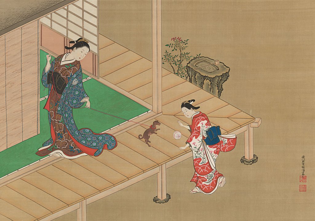 Detail of Courtesan and Attendant Playing with a Dog, ca. 1716-1736 by Nishikawa Sukenobu