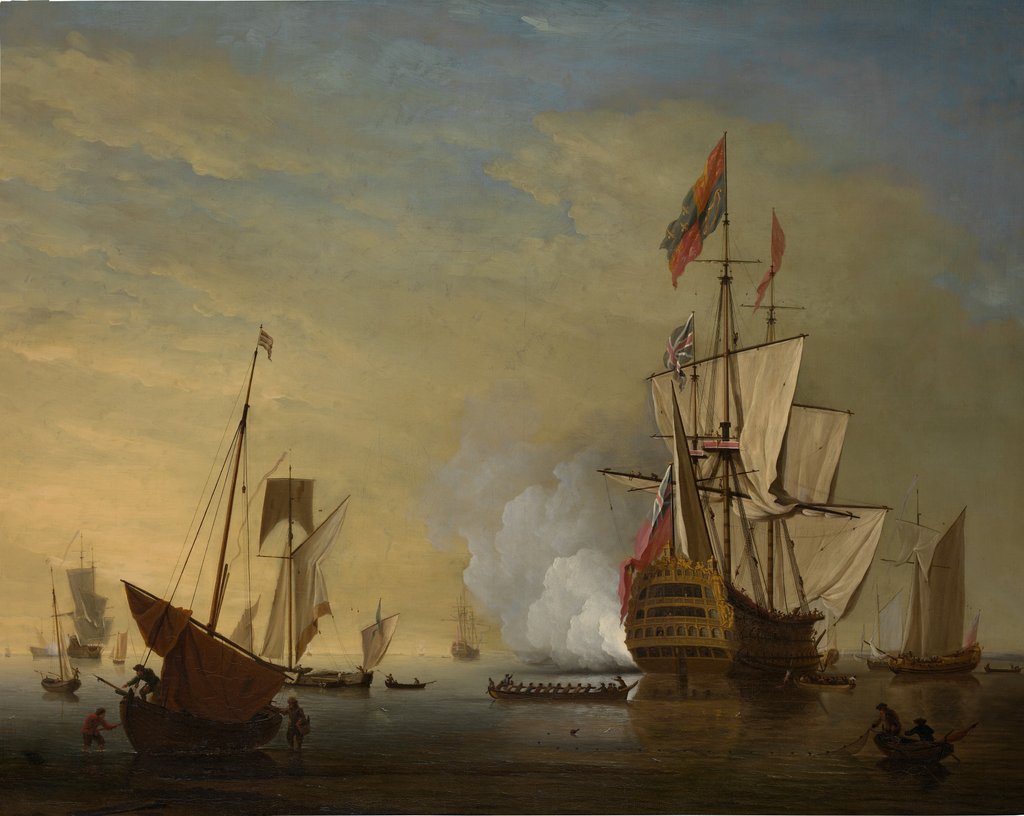 Detail of Harbor Scene: An English Ship with Sails Loosened Firing a Gun by Peter Monamy