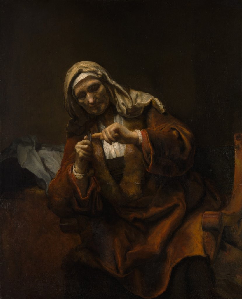 Detail of Old Woman Cutting Her Nails, ca. 1655-60 by Style of Rembrandt