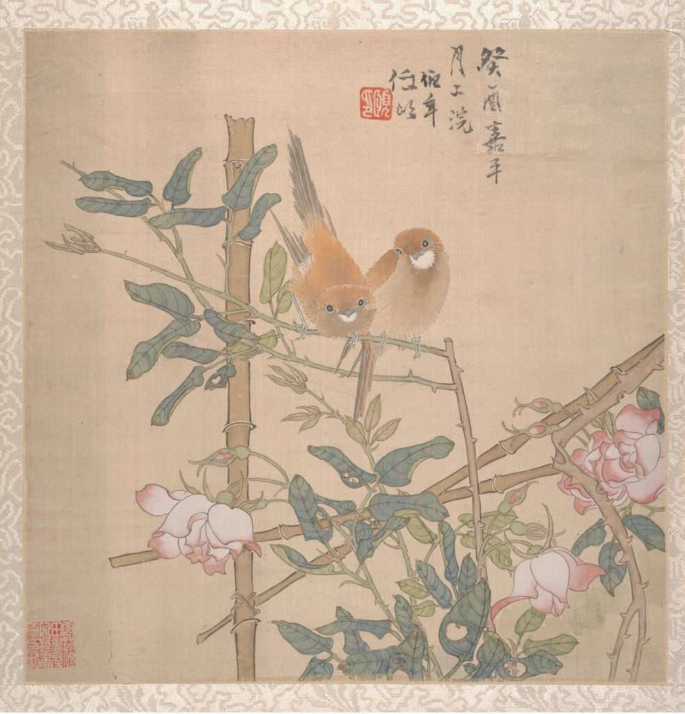 Detail of Two Birds Perched on a Flowering Rose Bush, late 19th century by Ren Yi