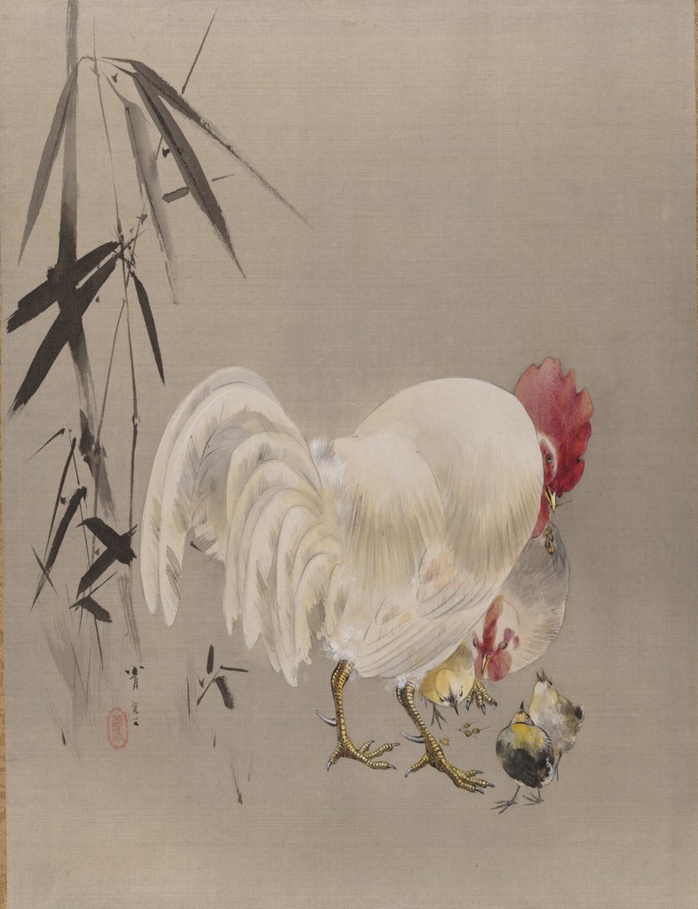 Detail of Rooster and Hen with Chicks, ca. 1887 by Watanabe Seitei
