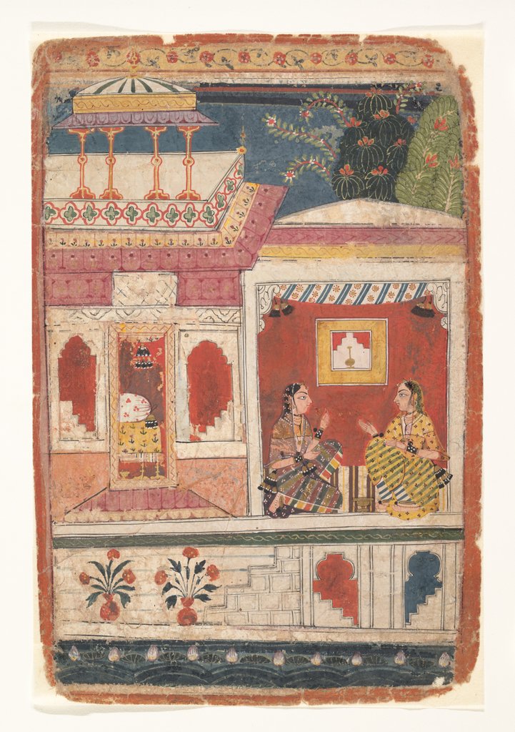 Detail of Radha and Her Confidant Sit in an Open Room: Page from a Dispersed Rasikapriya , ca. 1680-90 by Unknown