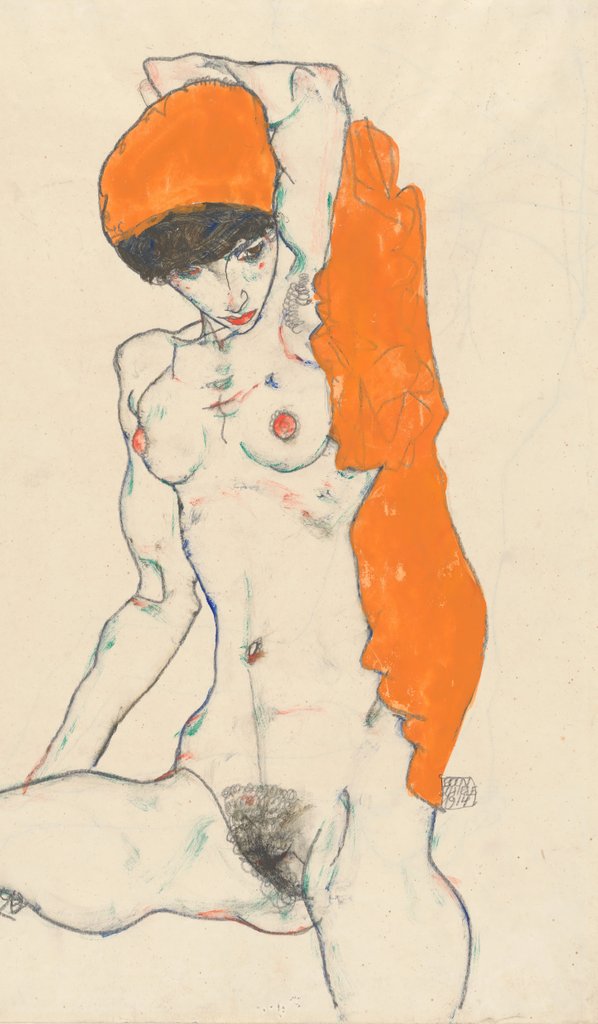 Detail of Standing Nude with Orange Drapery: Study of Nude with Arms Raised, 1914 by Egon Schiele