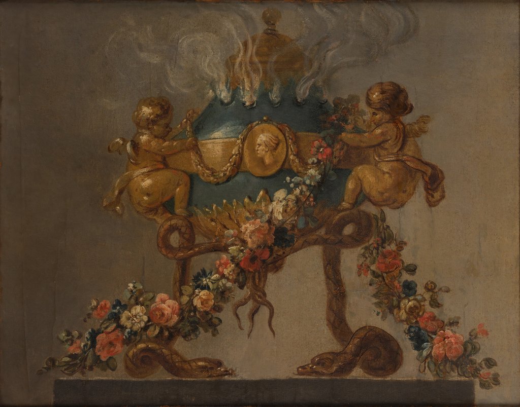 Detail of Perfume-burner supported by amorini and serpents and garlanded with flowers, 18th century by French Painter