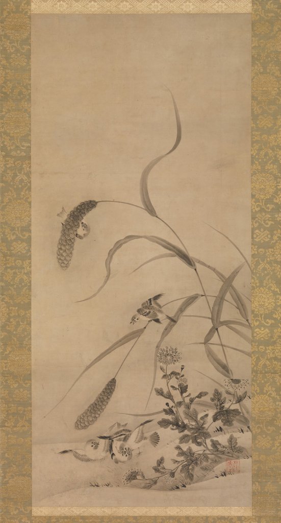 Detail of Millet and Sparrows, mid-16th century by Geiai