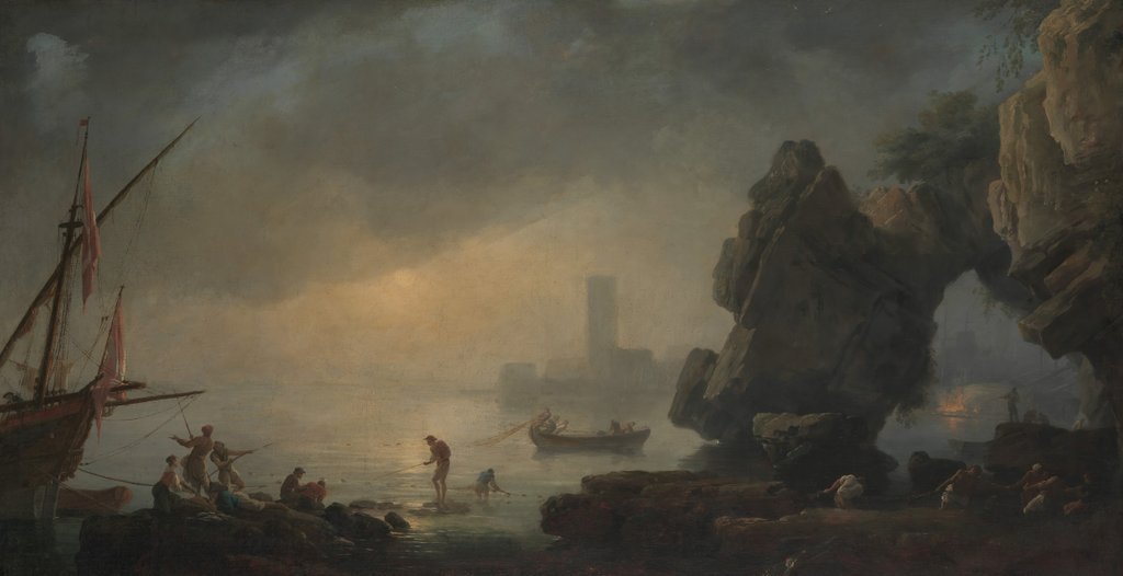 Detail of Harbor Scene with a Grotto and Fishermen Hauling in Nets by Unknown