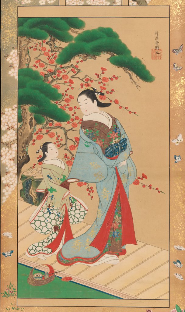 Detail of Courtesan and Attendant in Early Spring, early 18th century by Kakondo