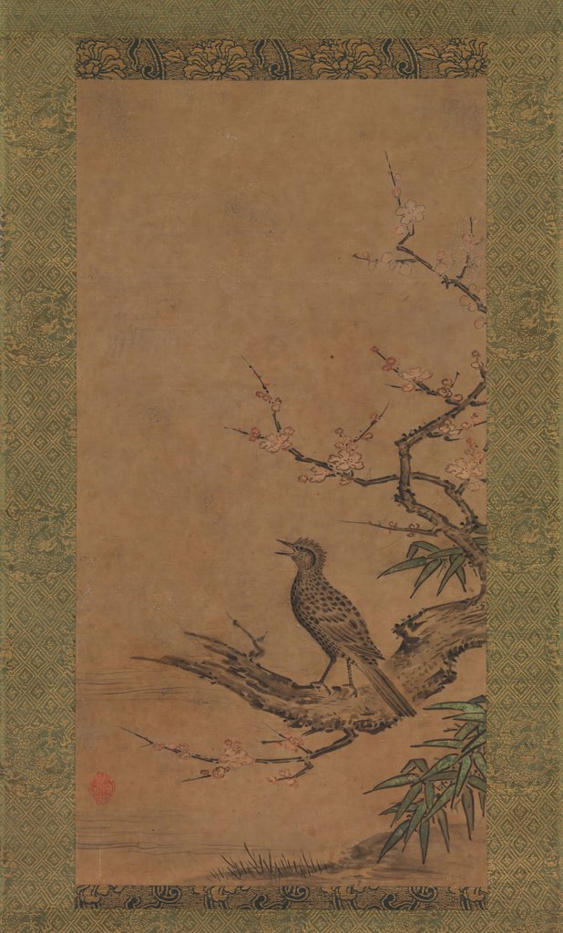 Detail of Brown-Eared Bulbul on a Branch of Plum, mid- to late 16th century by Kano Shoei