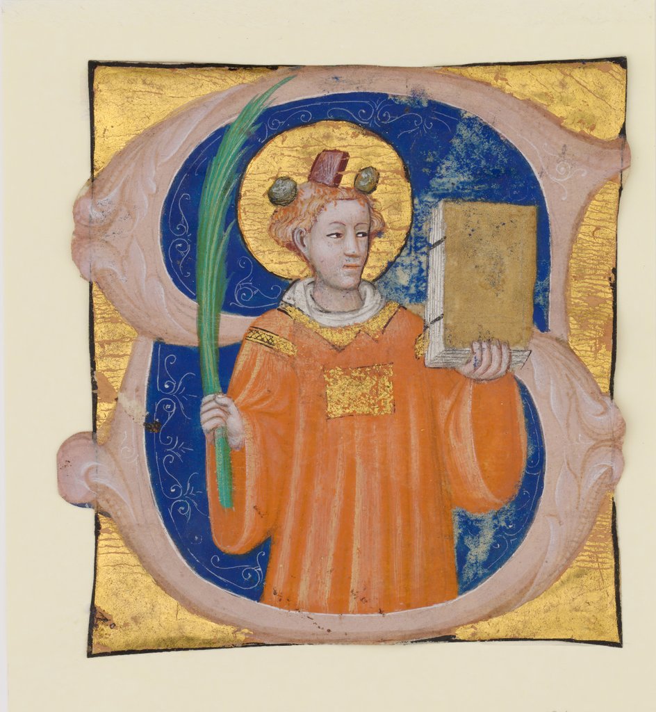 Detail of Manuscript Illumination with Saint Stephen in an Initial S, from an Antiphonary, ca. 1410-20 by Master of the Brussels Initials
