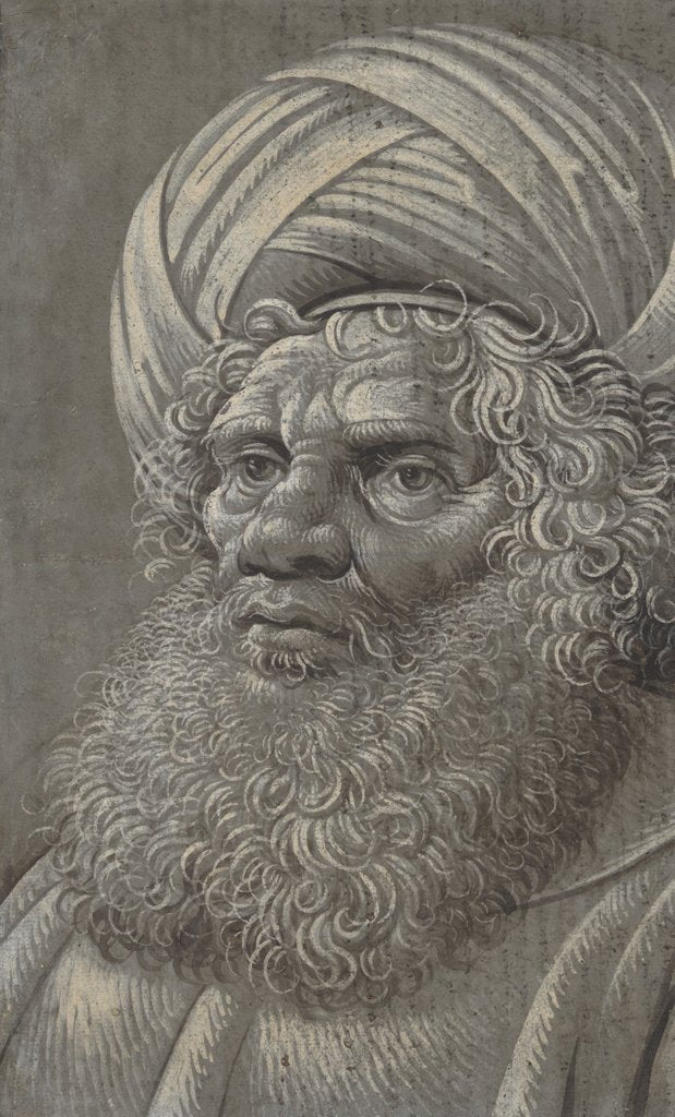 Detail of Head of a Bearded Man Wearing a Turban; Latin script, ca. 1510 by Master of the Death of Absalom