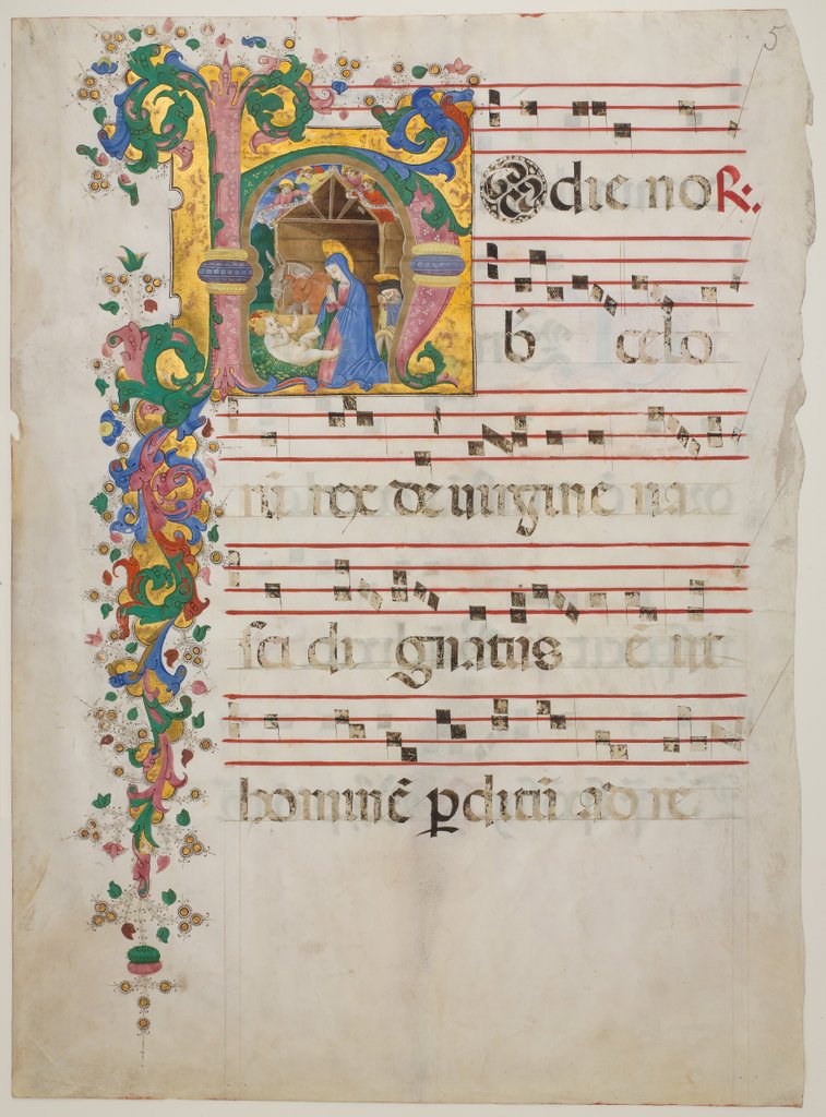 Detail of Manuscript Leaf with the Nativity in an Initial H, from an Antiphonary, second half 15th century by Master of the Riccardiana Lactantius