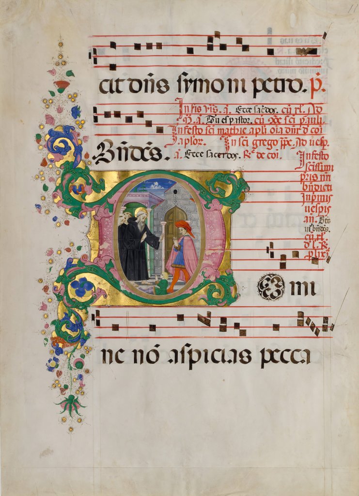 Detail of Manuscript Leaf with Saint Benedict Resuscitating a Boy in an Initial D…, second half 15th century by Master of the Riccardiana Lactantius