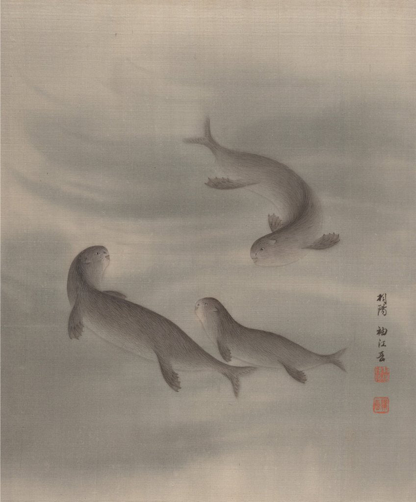 Detail of Otters Swimming, ca. 1890-92 by Seki Shuko