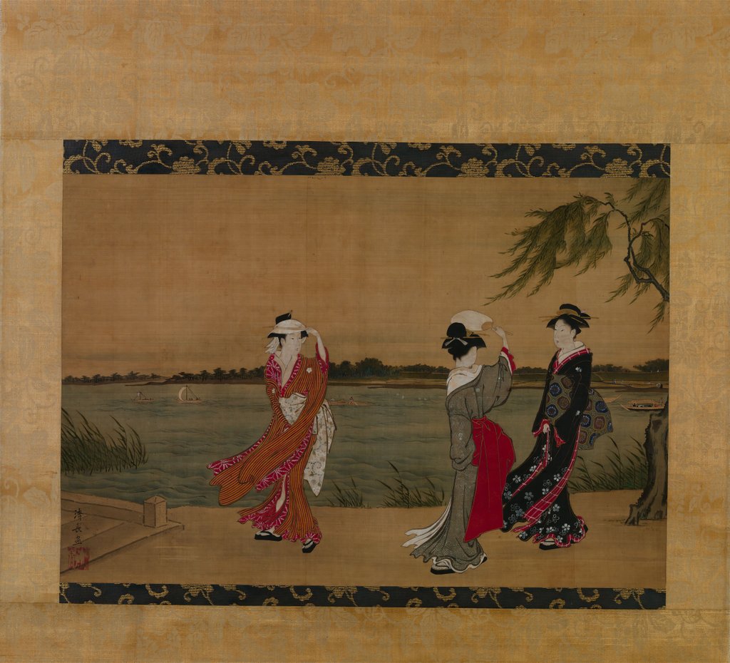 Detail of Three Girls on a Riverbank, early 19th century by Torii Kiyonaga