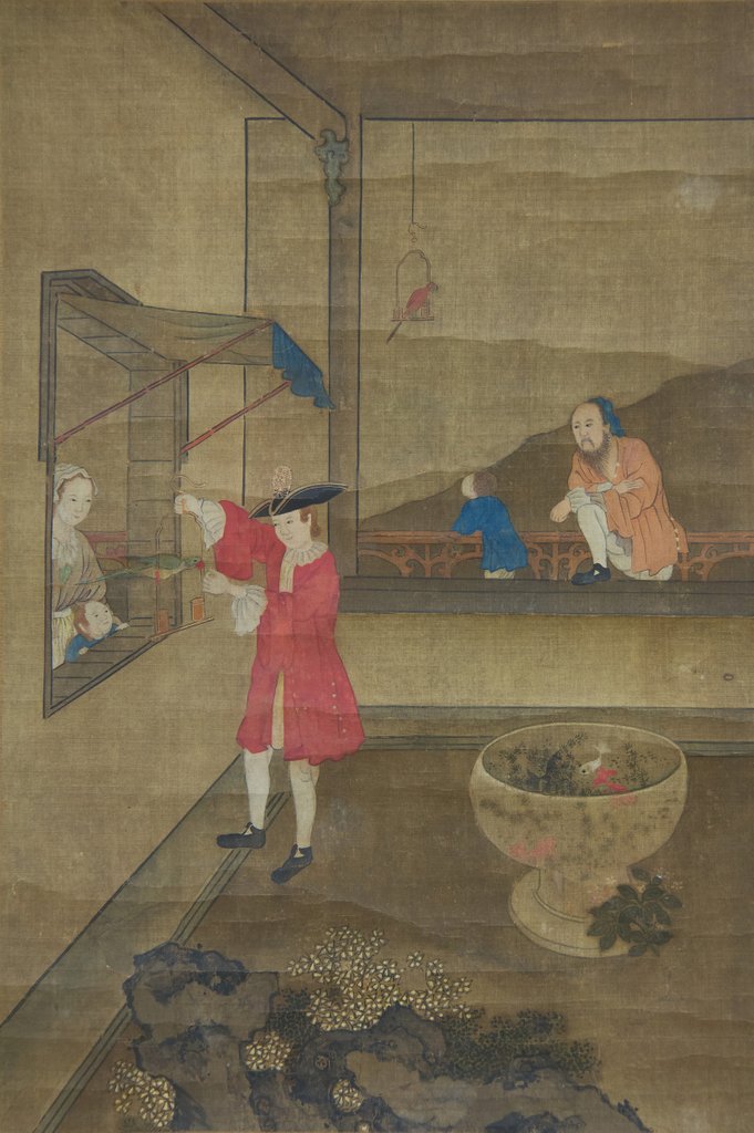 Detail of European Couple and Child Playing with Parrot, 18th century by Unknown