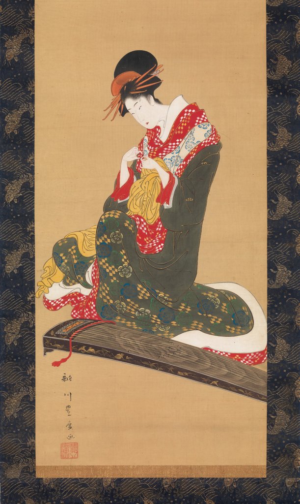Detail of Woman Putting on Finger Plectrums to Play the Koto, early 19th century by Utagawa Toyohiro
