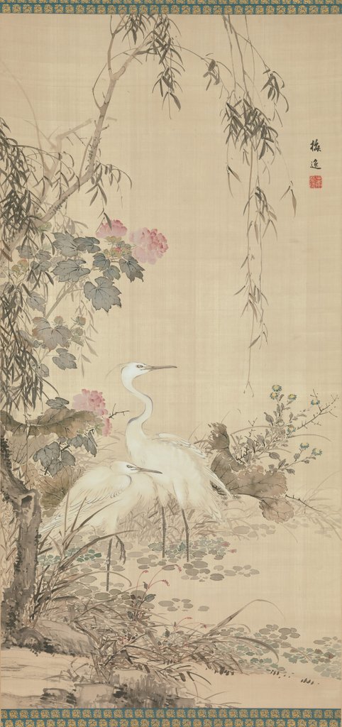 Detail of Egrets, Peonies, and Willows, early 19th century by Yamamoto Baiitsu