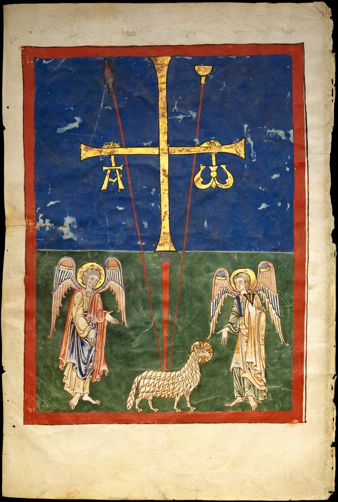 Detail of Leaf from a Beatus Manuscript: the Lamb at the Foot of the Cross, Flanked by Two Angels…, c1180 by Unknown