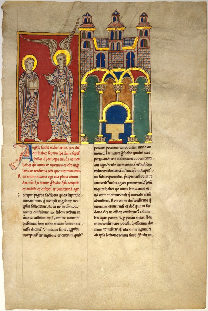 Detail of Leaf from a Beatus Manuscript: the Angel of the Church of Sardis with Saint John, ca. 1180 by Unknown