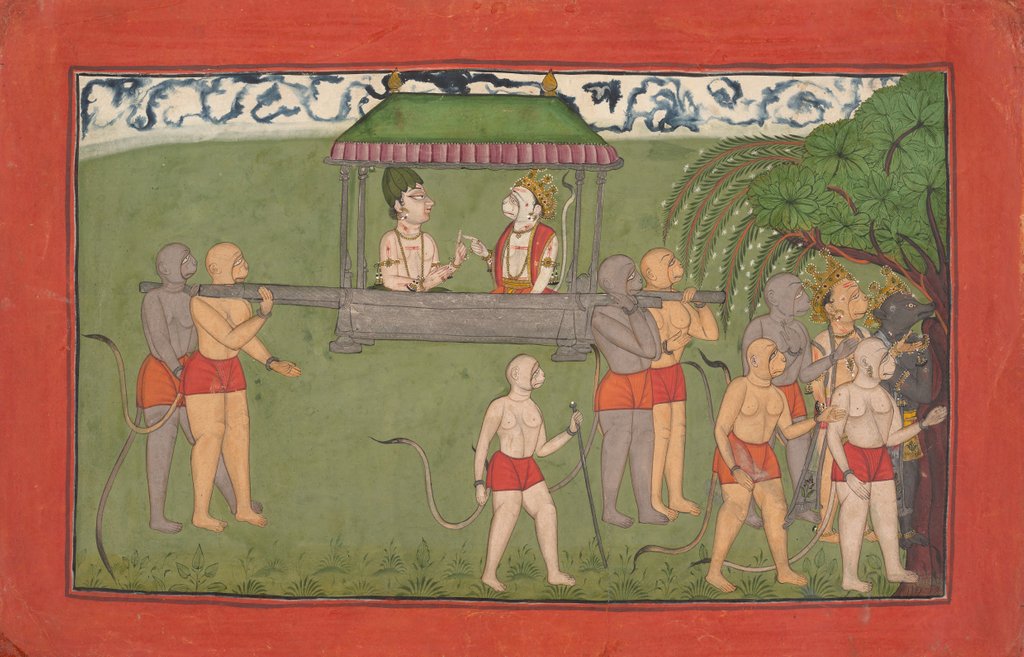 Detail of Lakshmana and Sugriva Being Carried by Palanquin to Receive Rama's Blessings…, ca. 1710-25 by Unknown