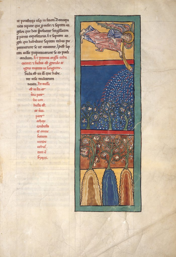Detail of Leaf from a Beatus Manuscript: the First Angel Sounds the Trumpet…, ca. 1180 by Unknown